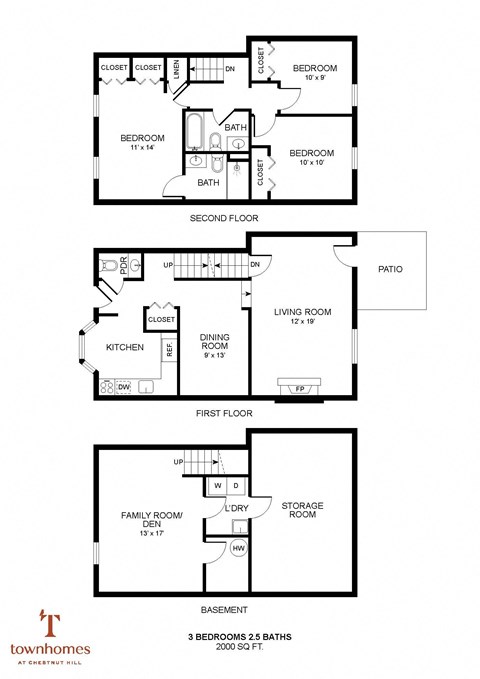 Floor plan for 3 beds, 2.5 baths, 2000 sqft